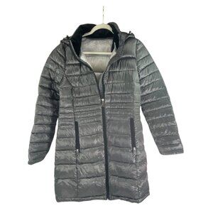 Andrew Marc Packable Lightweight Down Hood Jacket M Metallic Gray Puffer Winter